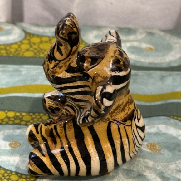 Vintage Ceramic Glazed Striped Trunk Up Lucky Baby Elephant Figurine - Picture 2 of 6